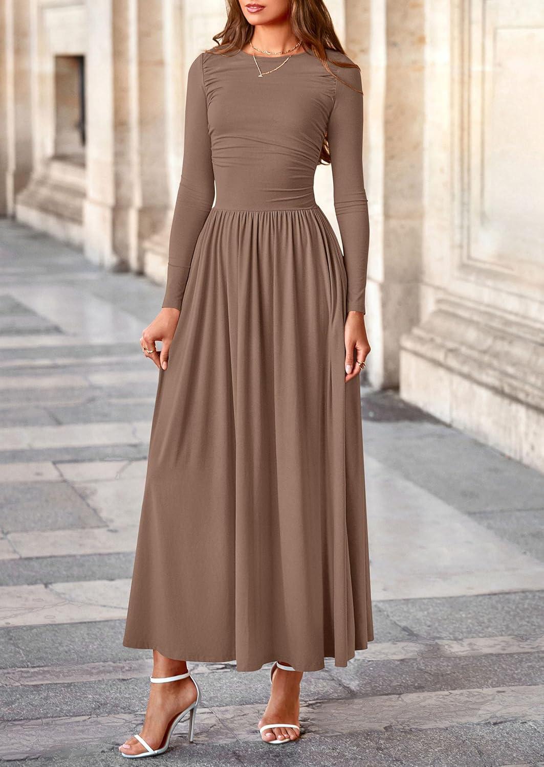 imagePRETTYGARDEN Womens 2025 Fashion Trendy Fall Long Sleeve Dresses Ruched Flowy Elegant Modest Boho Casual Beach Maxi DressKhaki