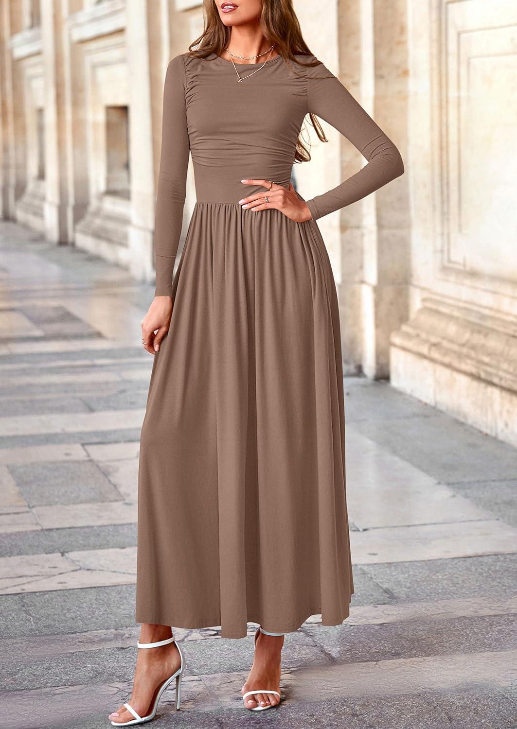 imagePRETTYGARDEN Womens 2025 Fashion Trendy Fall Long Sleeve Dresses Ruched Flowy Elegant Modest Boho Casual Beach Maxi DressKhaki