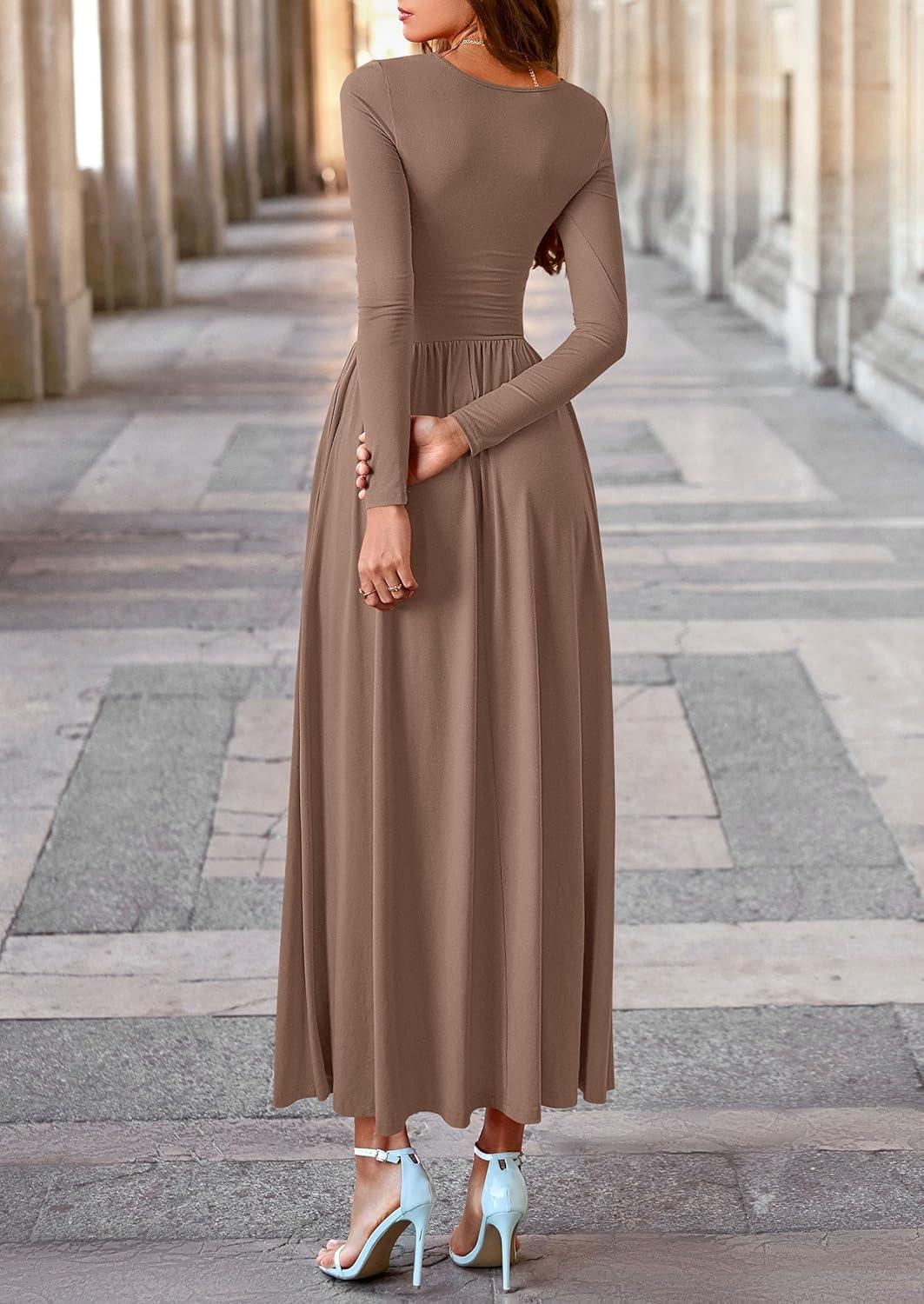 imagePRETTYGARDEN Womens 2025 Fashion Trendy Fall Long Sleeve Dresses Ruched Flowy Elegant Modest Boho Casual Beach Maxi DressKhaki
