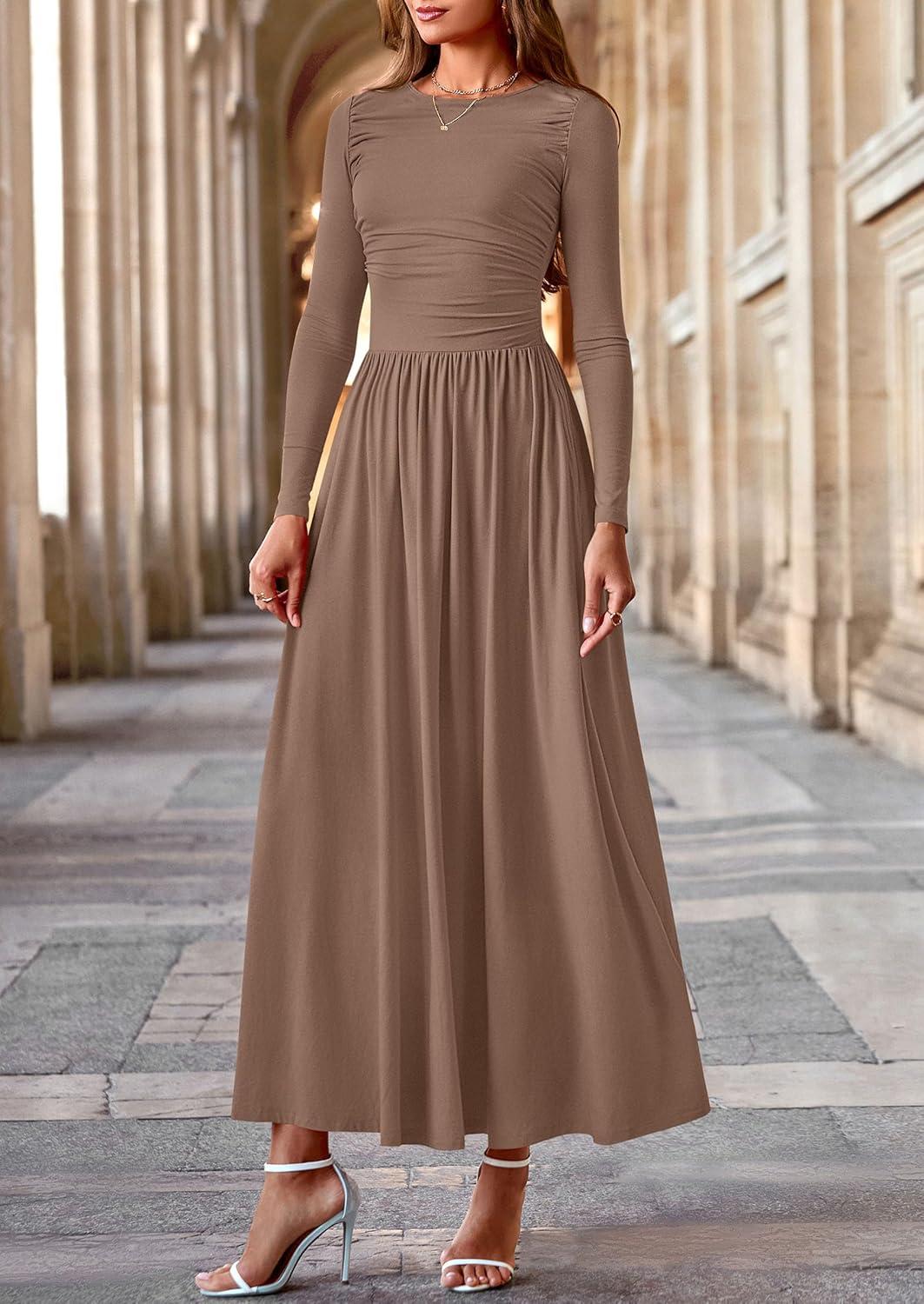 imagePRETTYGARDEN Womens 2025 Fashion Trendy Fall Long Sleeve Dresses Ruched Flowy Elegant Modest Boho Casual Beach Maxi DressKhaki