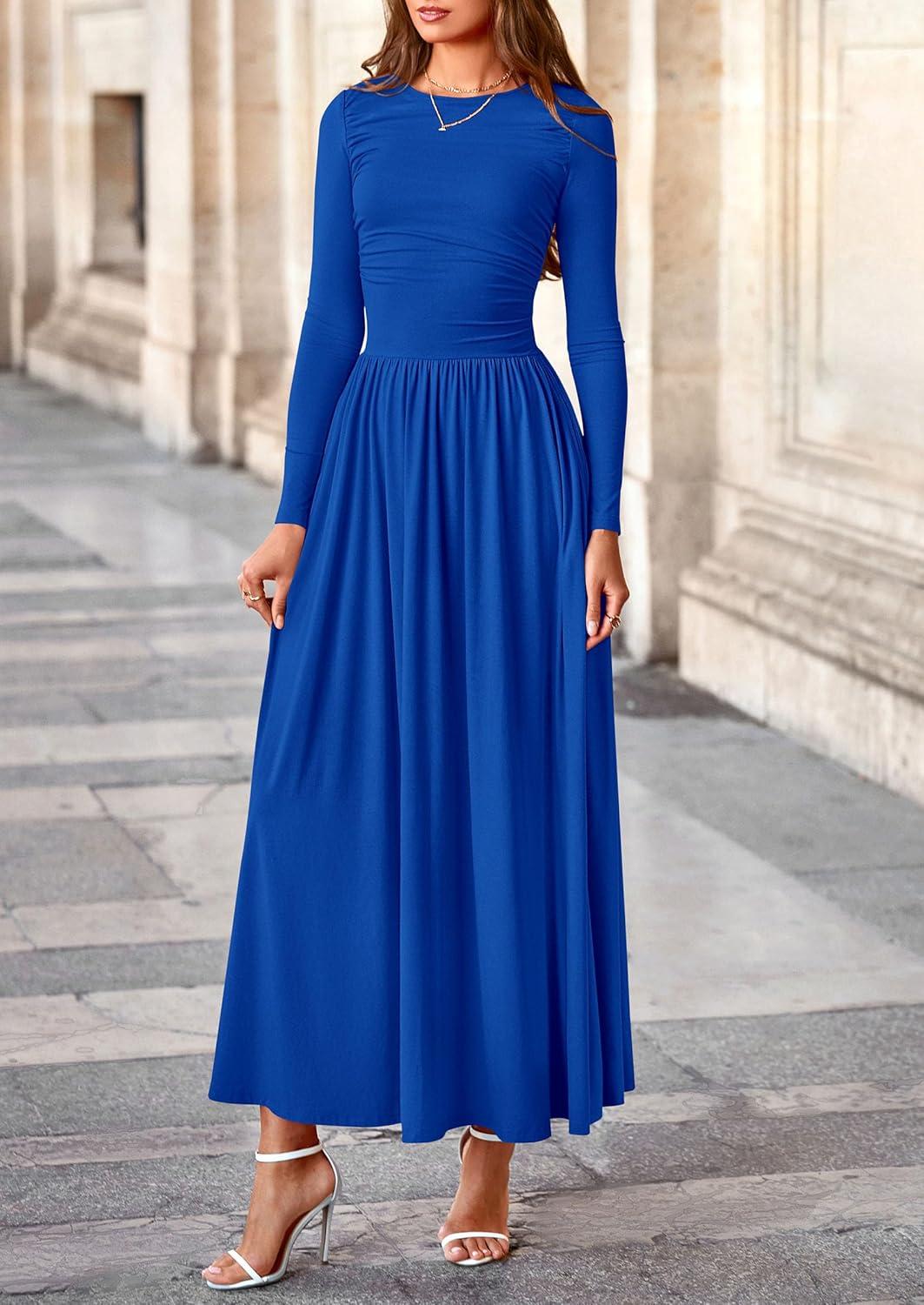 imagePRETTYGARDEN Womens 2025 Fashion Trendy Fall Long Sleeve Dresses Ruched Flowy Elegant Modest Boho Casual Beach Maxi DressRoyal Blue