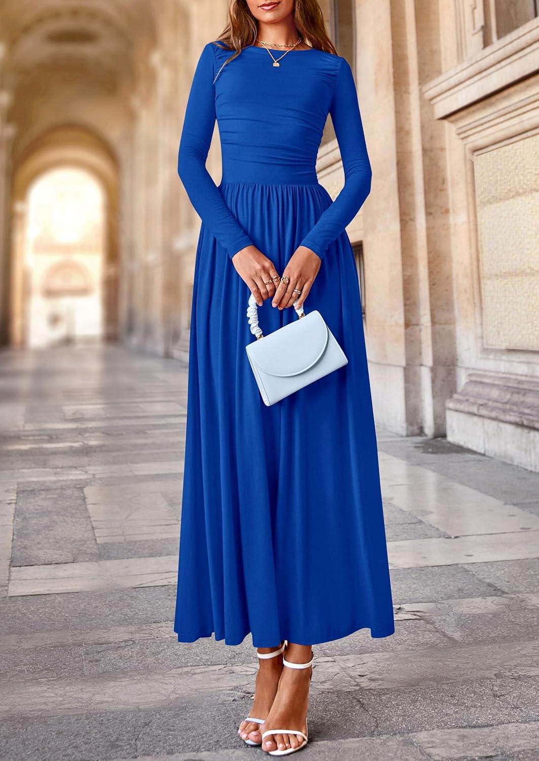 imagePRETTYGARDEN Womens 2025 Fashion Trendy Fall Long Sleeve Dresses Ruched Flowy Elegant Modest Boho Casual Beach Maxi DressRoyal Blue
