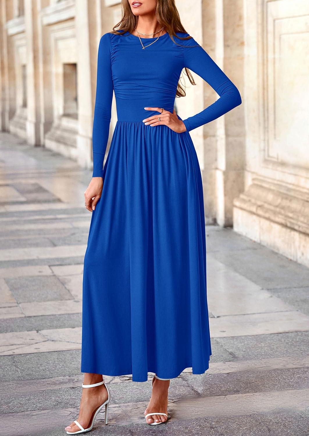 imagePRETTYGARDEN Womens 2025 Fashion Trendy Fall Long Sleeve Dresses Ruched Flowy Elegant Modest Boho Casual Beach Maxi DressRoyal Blue