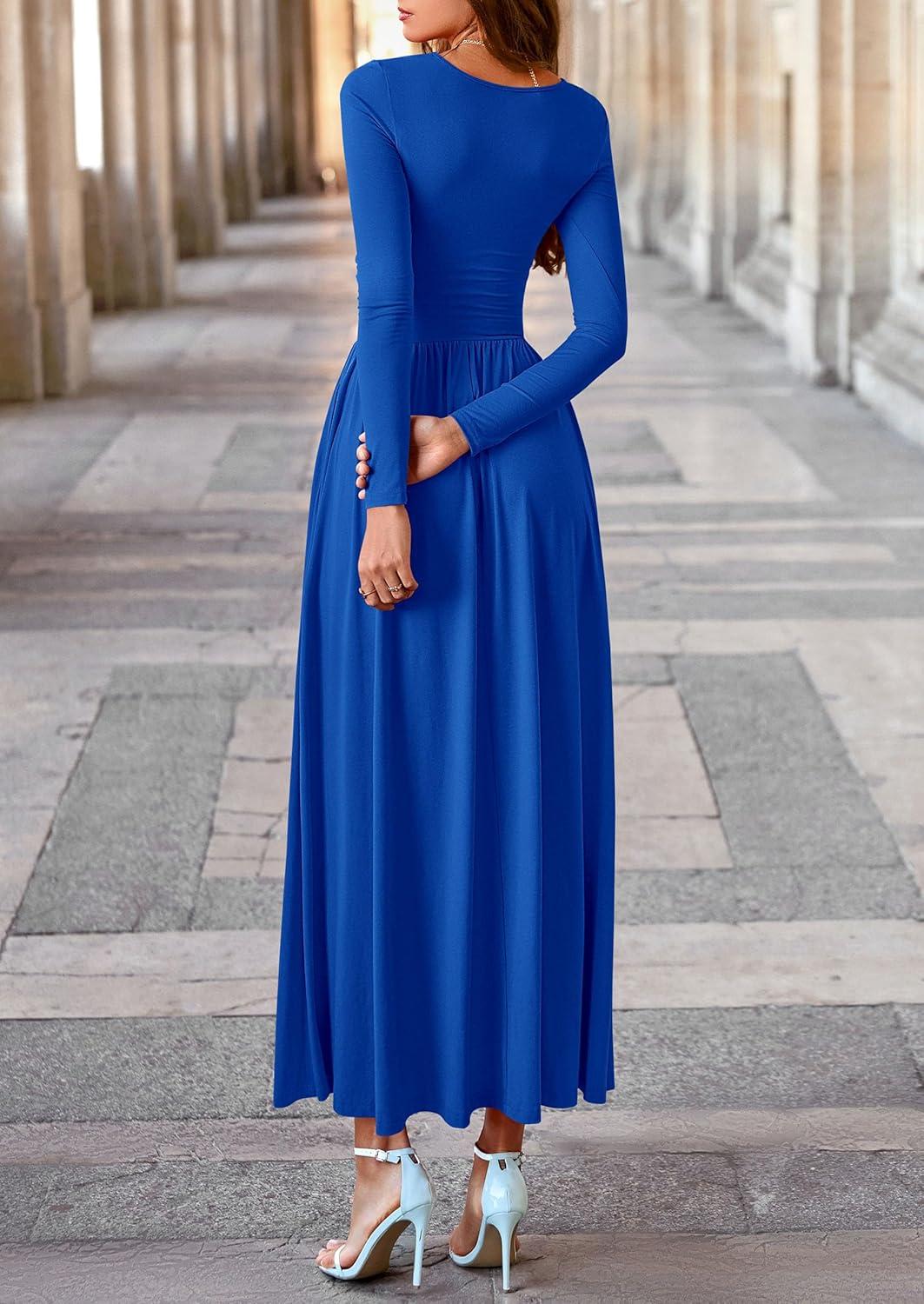 imagePRETTYGARDEN Womens 2025 Fashion Trendy Fall Long Sleeve Dresses Ruched Flowy Elegant Modest Boho Casual Beach Maxi DressRoyal Blue