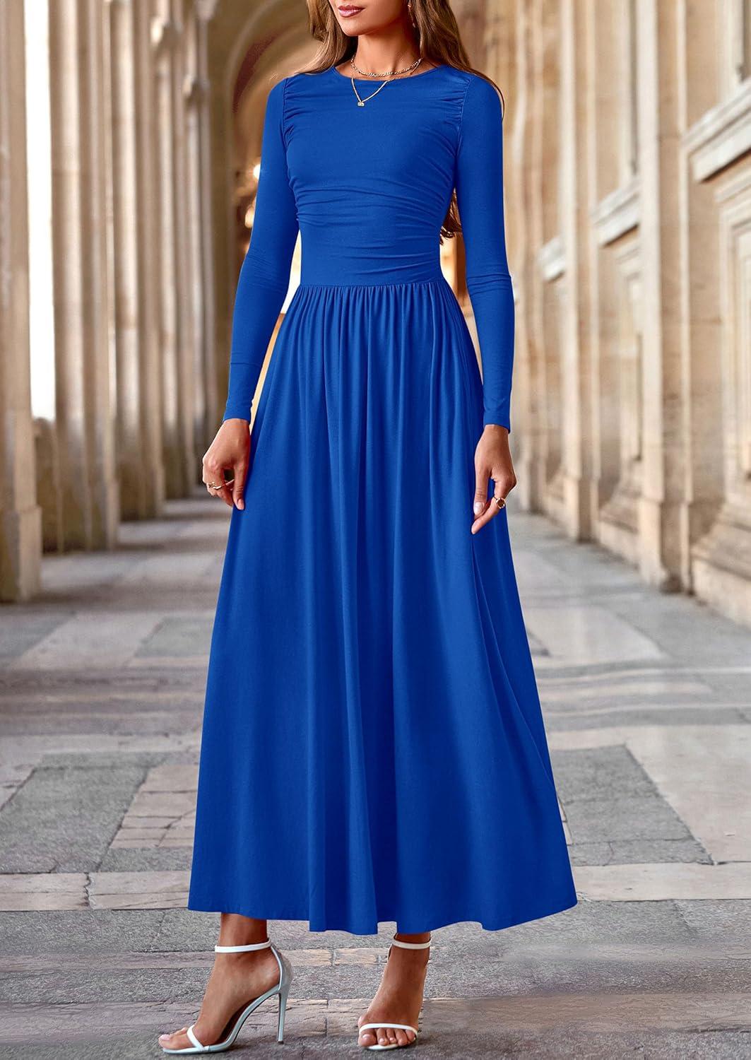 imagePRETTYGARDEN Womens 2025 Fashion Trendy Fall Long Sleeve Dresses Ruched Flowy Elegant Modest Boho Casual Beach Maxi DressRoyal Blue