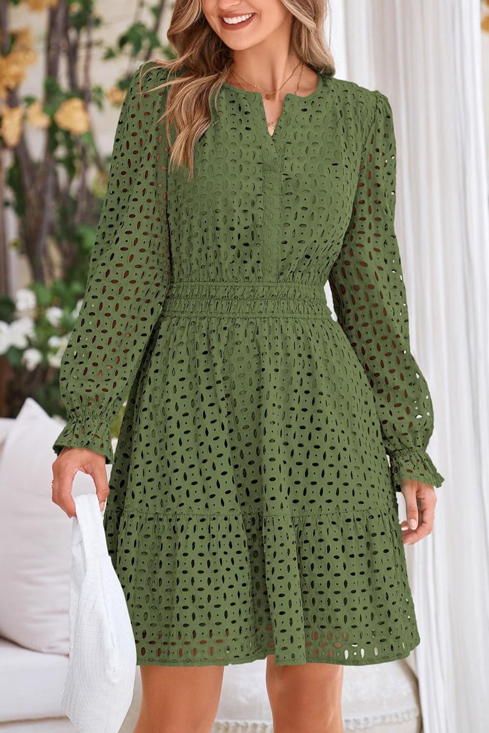 imagePRETTYGARDEN Womens 2025 Long Sleeve Mini Dress Eyelet V Neck A Line Casual Elegant Holiday Wedding Guest Party DressesArmy Green