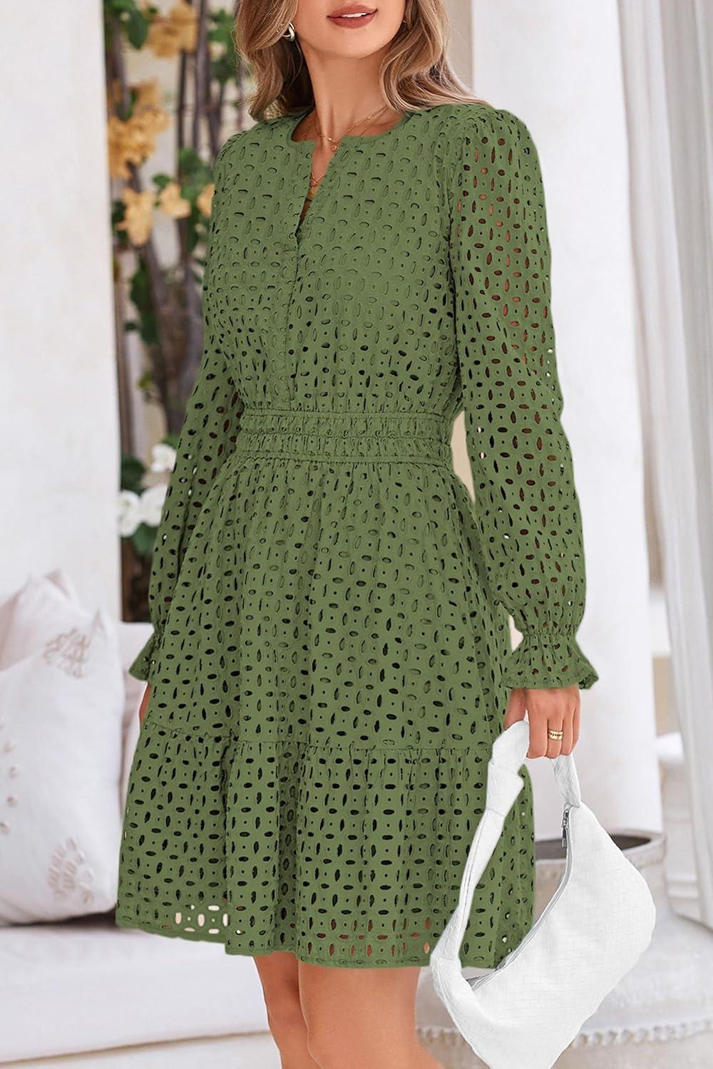 imagePRETTYGARDEN Womens 2025 Long Sleeve Mini Dress Eyelet V Neck A Line Casual Elegant Holiday Wedding Guest Party DressesArmy Green