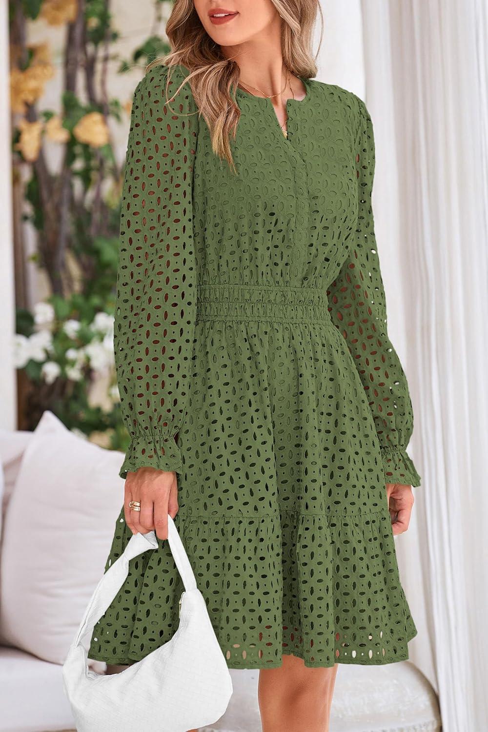 imagePRETTYGARDEN Womens 2025 Long Sleeve Mini Dress Eyelet V Neck A Line Casual Elegant Holiday Wedding Guest Party DressesArmy Green
