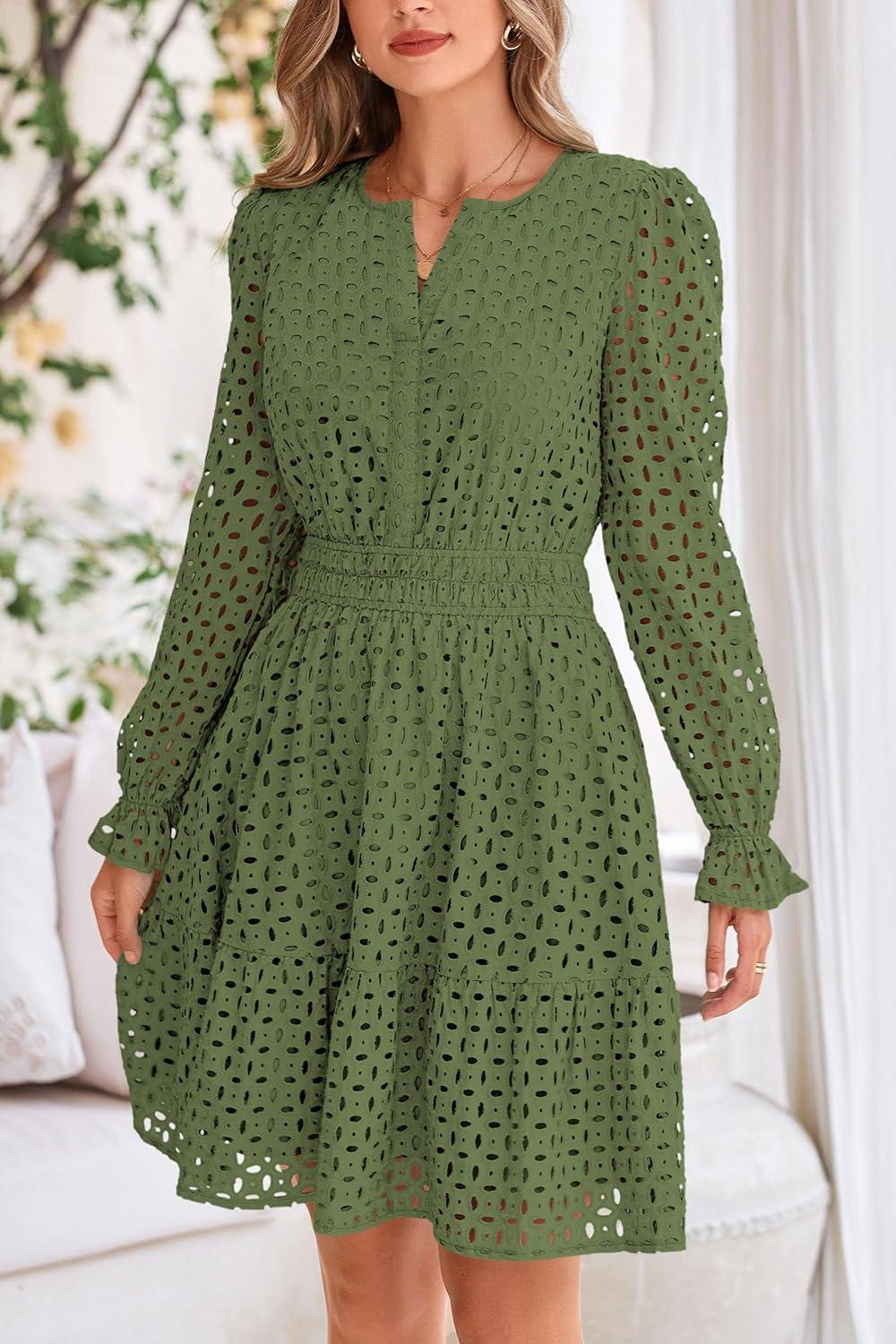 imagePRETTYGARDEN Womens 2025 Long Sleeve Mini Dress Eyelet V Neck A Line Casual Elegant Holiday Wedding Guest Party DressesArmy Green