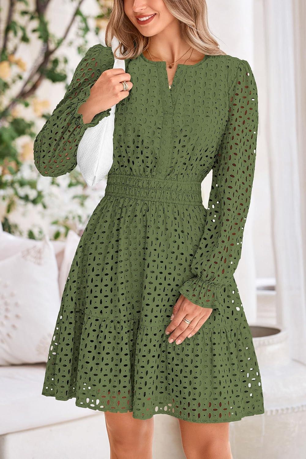 imagePRETTYGARDEN Womens 2025 Long Sleeve Mini Dress Eyelet V Neck A Line Casual Elegant Holiday Wedding Guest Party DressesArmy Green
