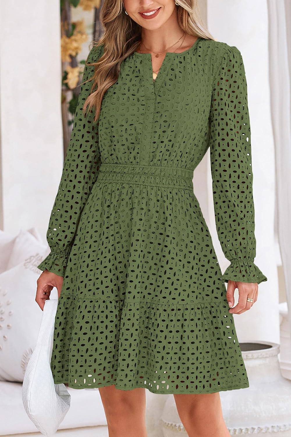 imagePRETTYGARDEN Womens 2025 Long Sleeve Mini Dress Eyelet V Neck A Line Casual Elegant Holiday Wedding Guest Party DressesArmy Green