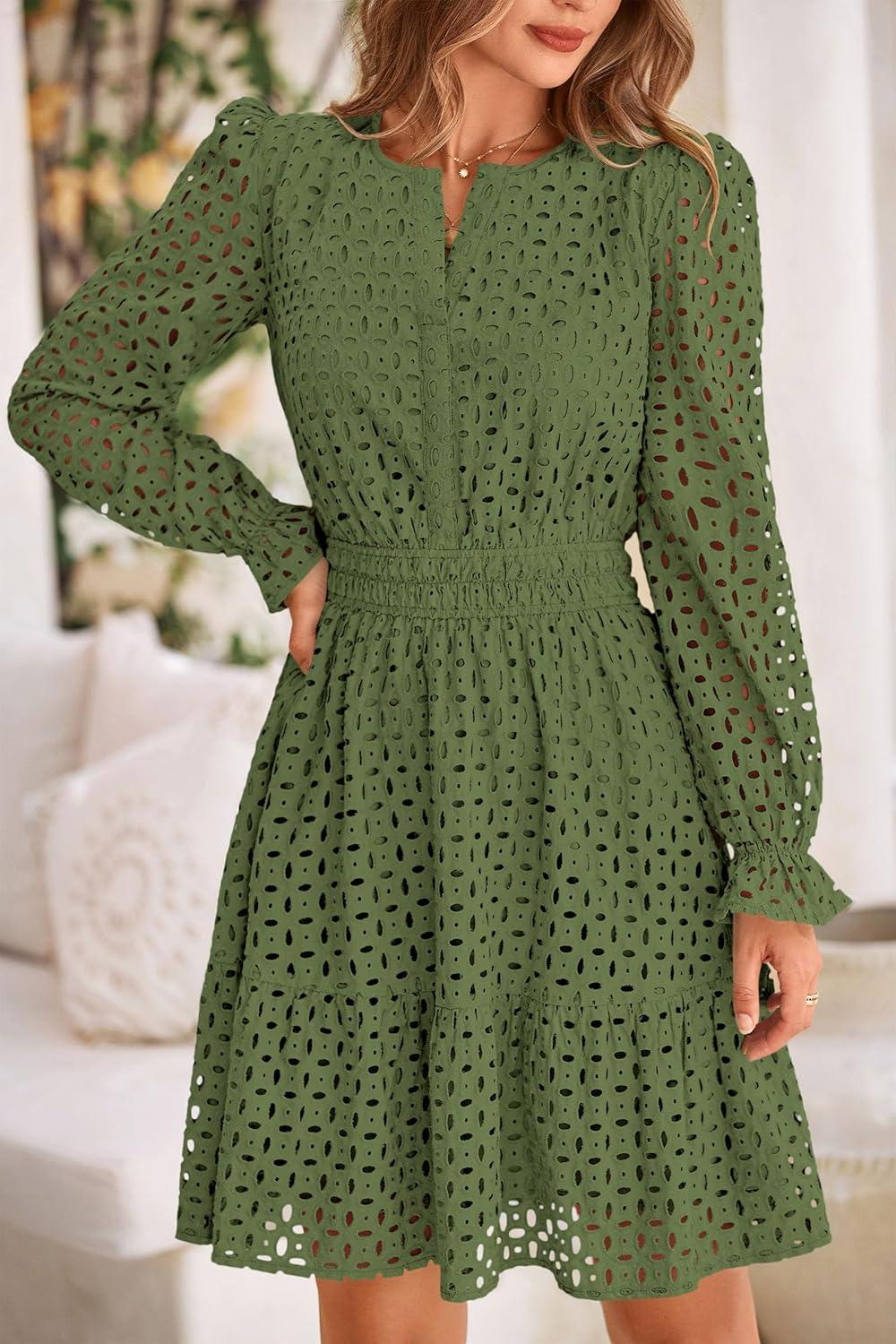imagePRETTYGARDEN Womens 2025 Long Sleeve Mini Dress Eyelet V Neck A Line Casual Elegant Holiday Wedding Guest Party DressesArmy Green