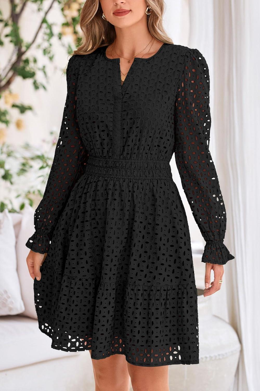 imagePRETTYGARDEN Womens 2025 Long Sleeve Mini Dress Eyelet V Neck A Line Casual Elegant Holiday Wedding Guest Party DressesBlack