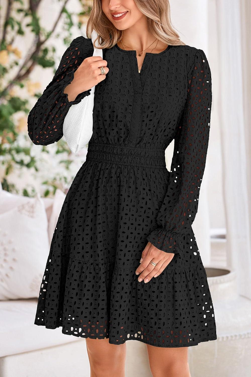 imagePRETTYGARDEN Womens 2025 Long Sleeve Mini Dress Eyelet V Neck A Line Casual Elegant Holiday Wedding Guest Party DressesBlack