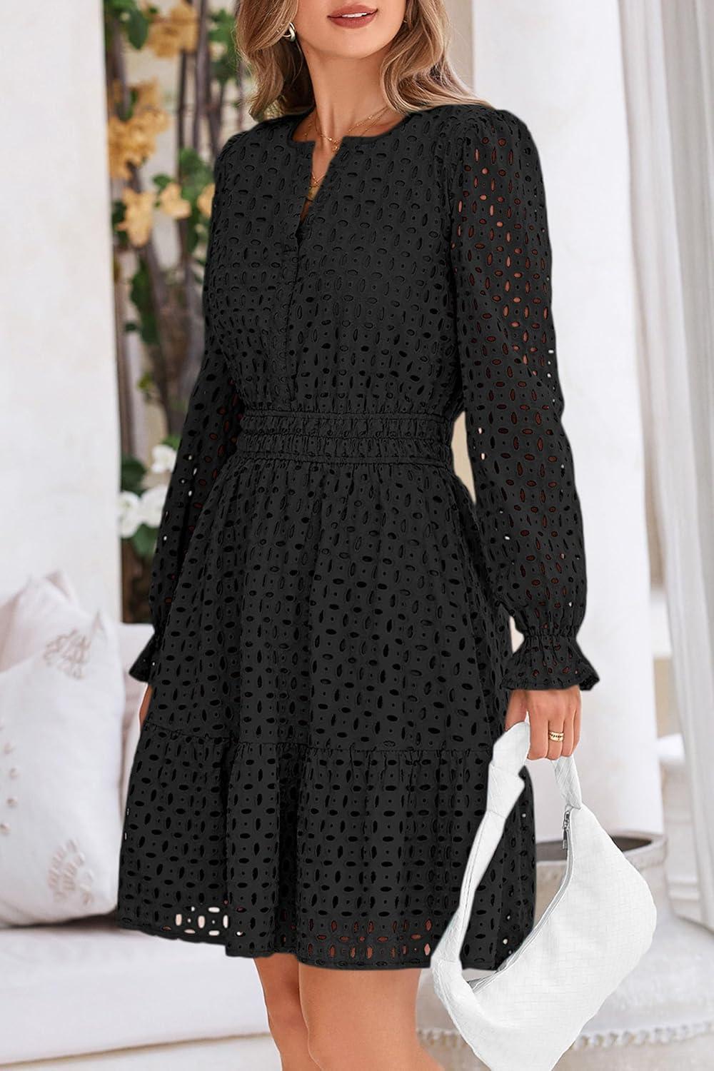 imagePRETTYGARDEN Womens 2025 Long Sleeve Mini Dress Eyelet V Neck A Line Casual Elegant Holiday Wedding Guest Party DressesBlack
