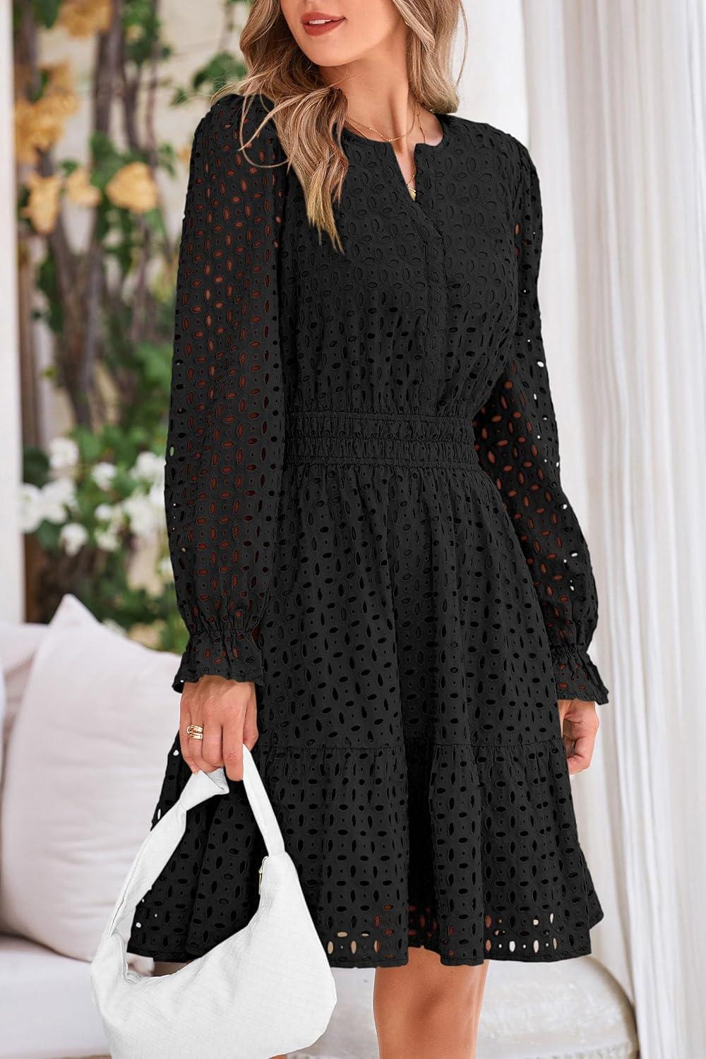 imagePRETTYGARDEN Womens 2025 Long Sleeve Mini Dress Eyelet V Neck A Line Casual Elegant Holiday Wedding Guest Party DressesBlack
