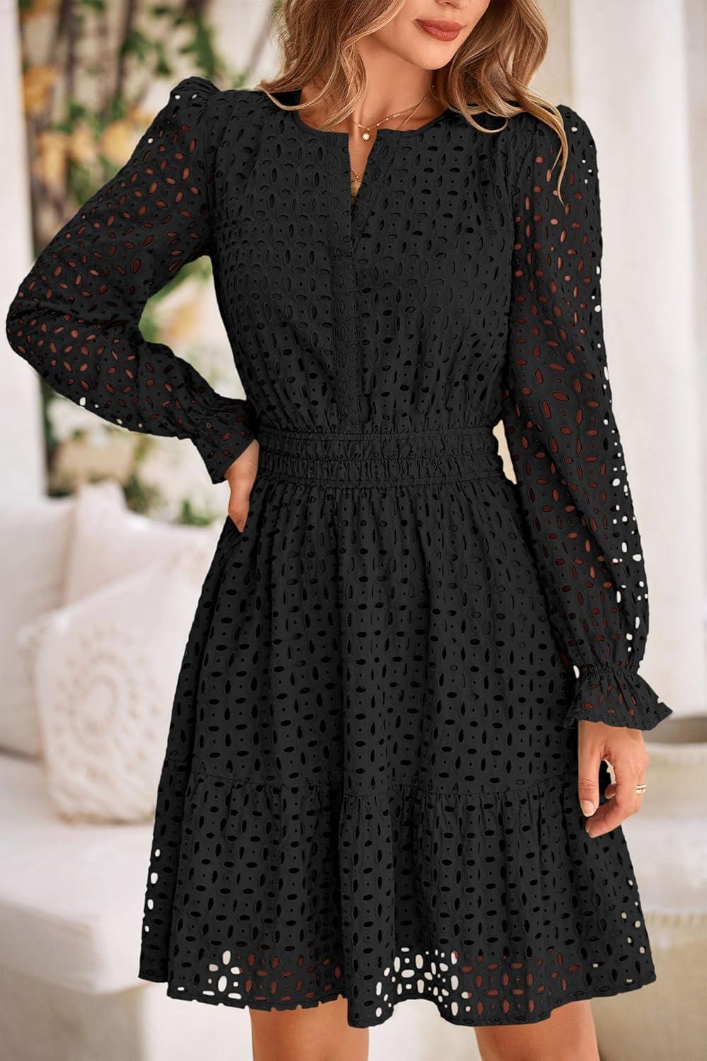 imagePRETTYGARDEN Womens 2025 Long Sleeve Mini Dress Eyelet V Neck A Line Casual Elegant Holiday Wedding Guest Party DressesBlack