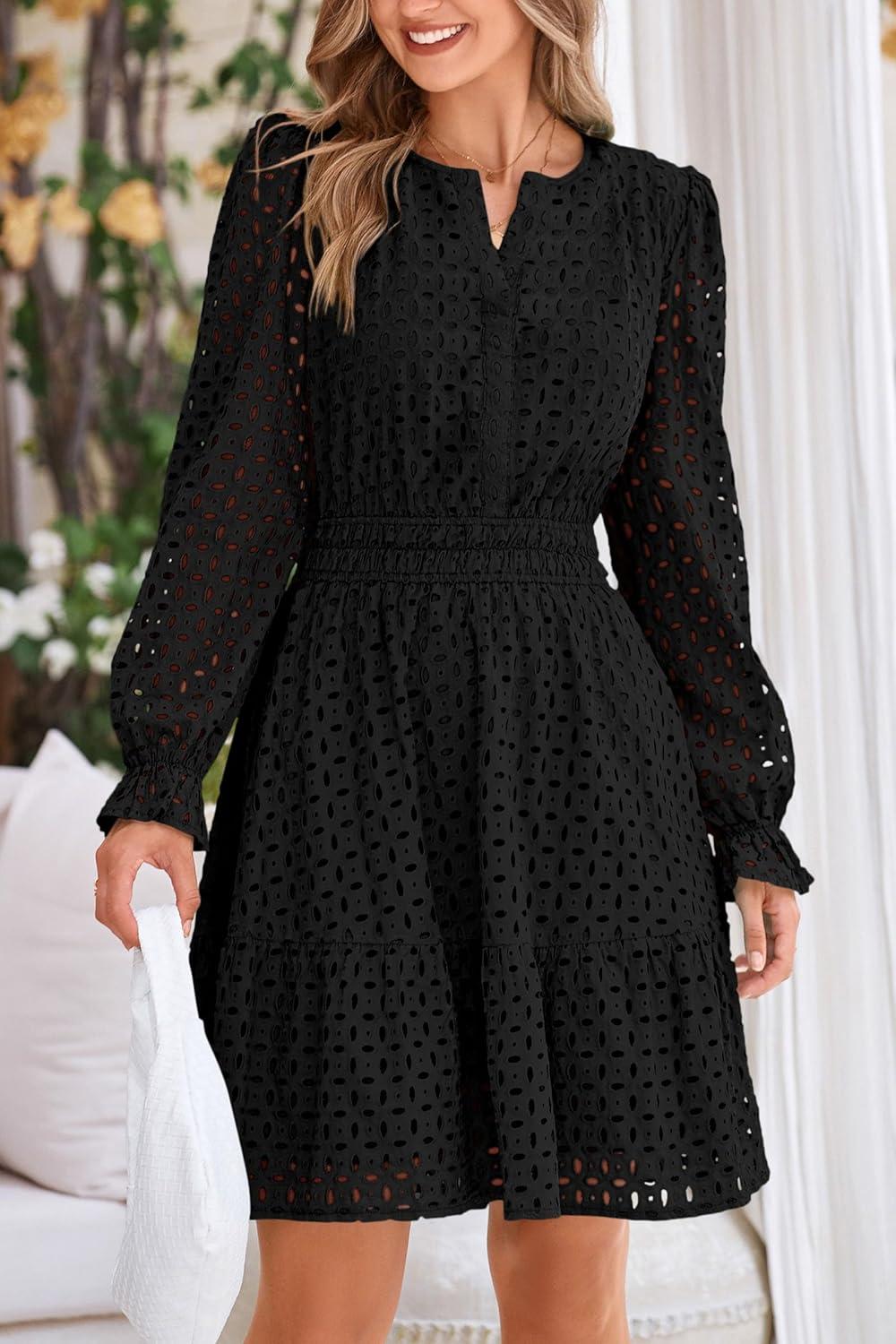 imagePRETTYGARDEN Womens 2025 Long Sleeve Mini Dress Eyelet V Neck A Line Casual Elegant Holiday Wedding Guest Party DressesBlack