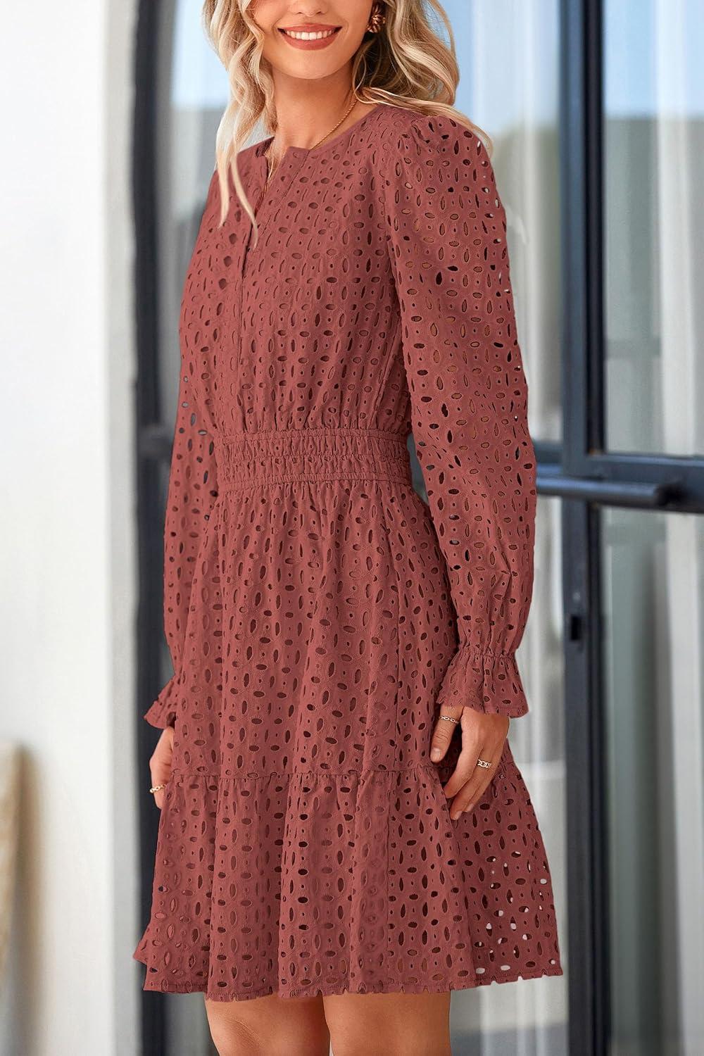 imagePRETTYGARDEN Womens 2025 Long Sleeve Mini Dress Eyelet V Neck A Line Casual Elegant Holiday Wedding Guest Party DressesBrown Red