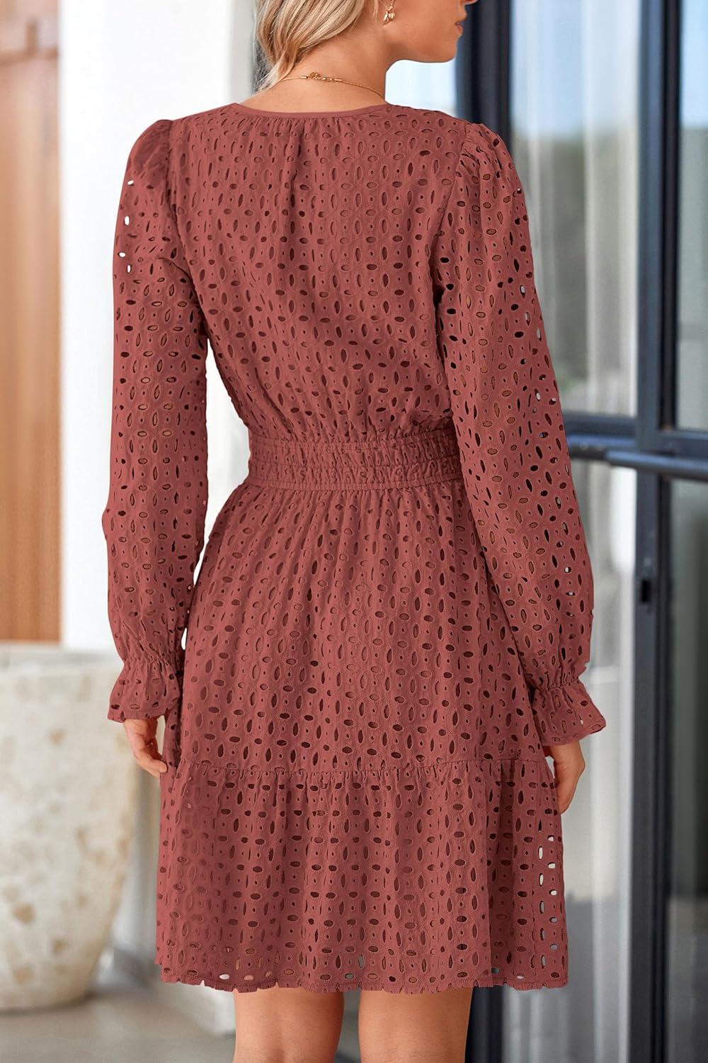 imagePRETTYGARDEN Womens 2025 Long Sleeve Mini Dress Eyelet V Neck A Line Casual Elegant Holiday Wedding Guest Party DressesBrown Red