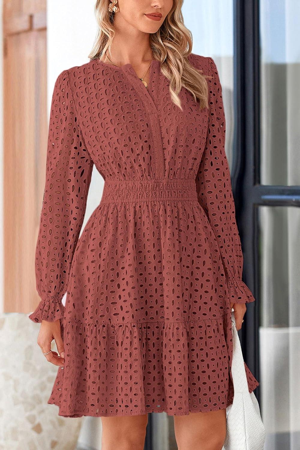imagePRETTYGARDEN Womens 2025 Long Sleeve Mini Dress Eyelet V Neck A Line Casual Elegant Holiday Wedding Guest Party DressesBrown Red