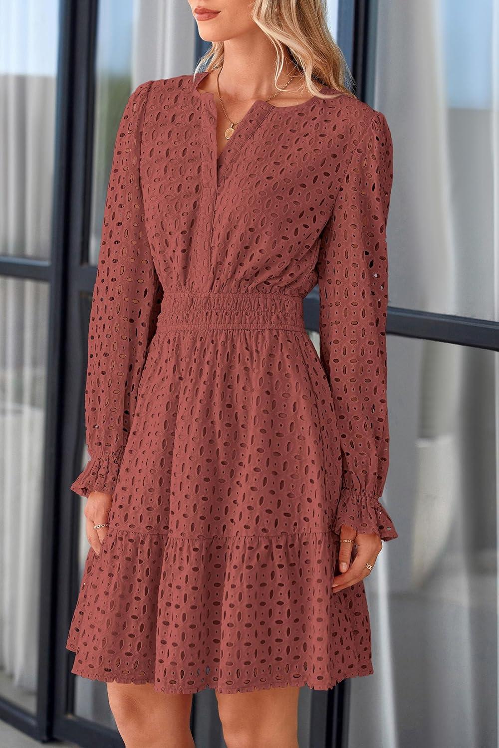 imagePRETTYGARDEN Womens 2025 Long Sleeve Mini Dress Eyelet V Neck A Line Casual Elegant Holiday Wedding Guest Party DressesBrown Red