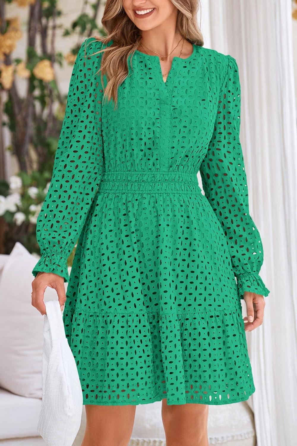 imagePRETTYGARDEN Womens 2025 Long Sleeve Mini Dress Eyelet V Neck A Line Casual Elegant Holiday Wedding Guest Party DressesGreen