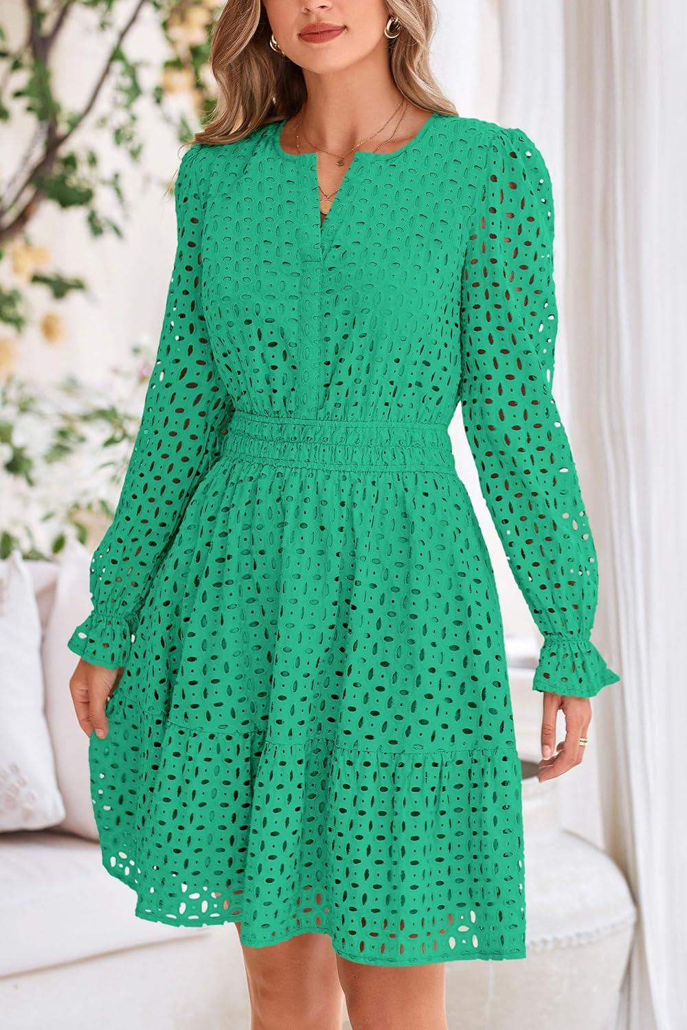 imagePRETTYGARDEN Womens 2025 Long Sleeve Mini Dress Eyelet V Neck A Line Casual Elegant Holiday Wedding Guest Party DressesGreen