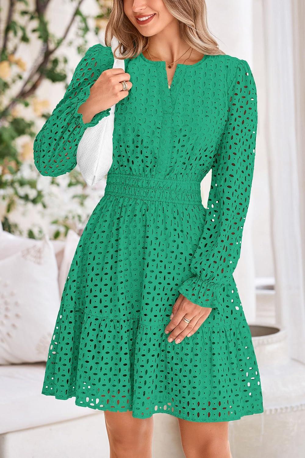 imagePRETTYGARDEN Womens 2025 Long Sleeve Mini Dress Eyelet V Neck A Line Casual Elegant Holiday Wedding Guest Party DressesGreen