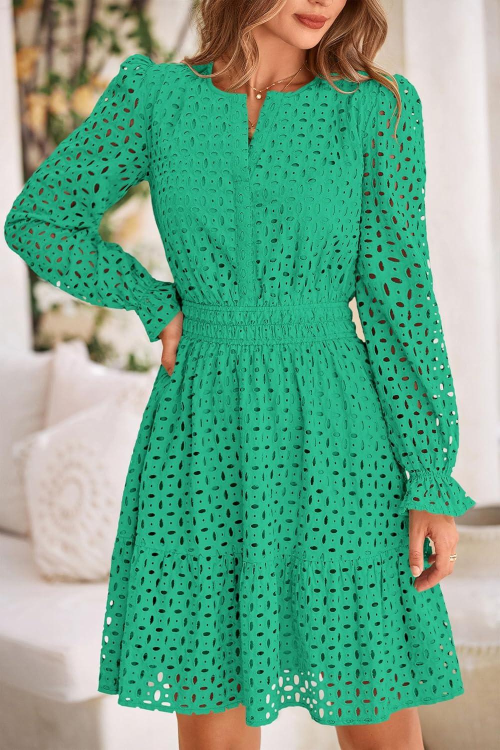 imagePRETTYGARDEN Womens 2025 Long Sleeve Mini Dress Eyelet V Neck A Line Casual Elegant Holiday Wedding Guest Party DressesGreen