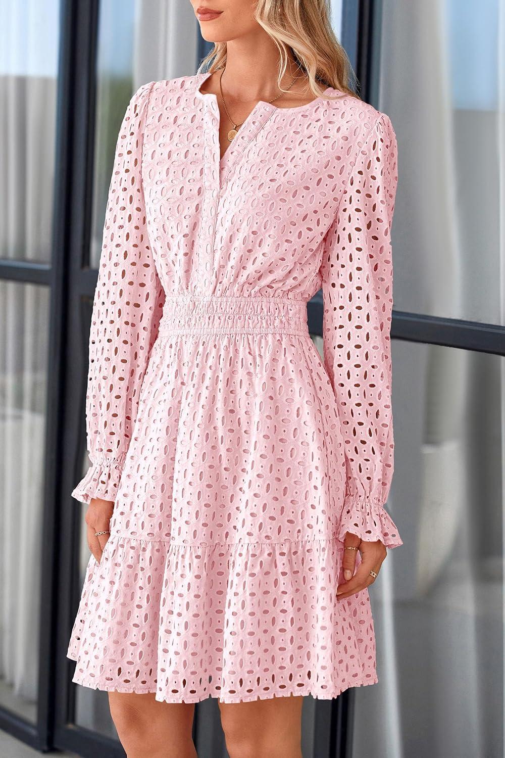 imagePRETTYGARDEN Womens 2025 Long Sleeve Mini Dress Eyelet V Neck A Line Casual Elegant Holiday Wedding Guest Party DressesPink