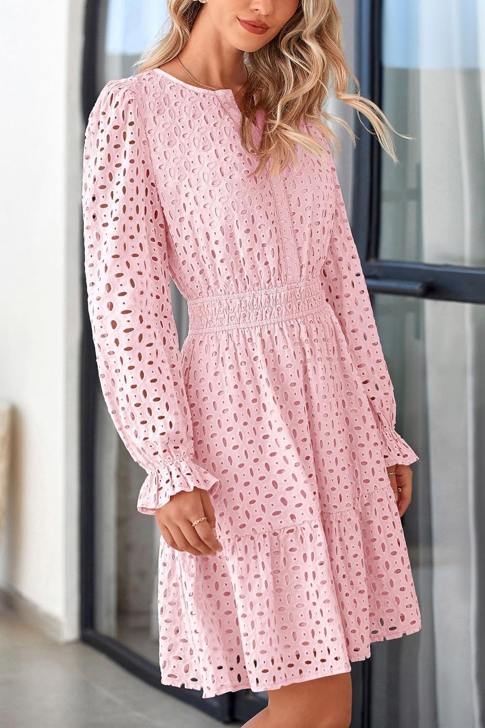 imagePRETTYGARDEN Womens 2025 Long Sleeve Mini Dress Eyelet V Neck A Line Casual Elegant Holiday Wedding Guest Party DressesPink