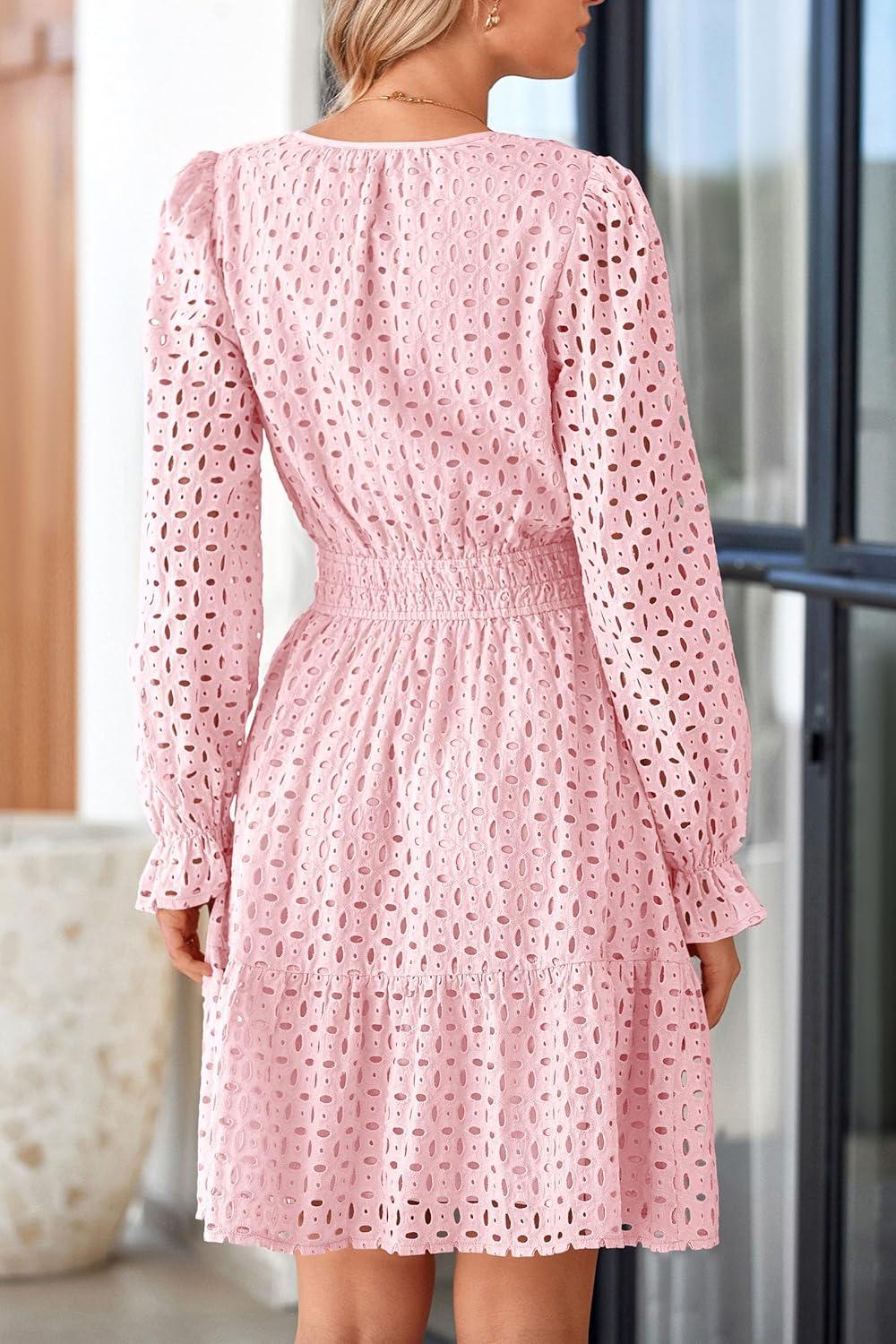 imagePRETTYGARDEN Womens 2025 Long Sleeve Mini Dress Eyelet V Neck A Line Casual Elegant Holiday Wedding Guest Party DressesPink