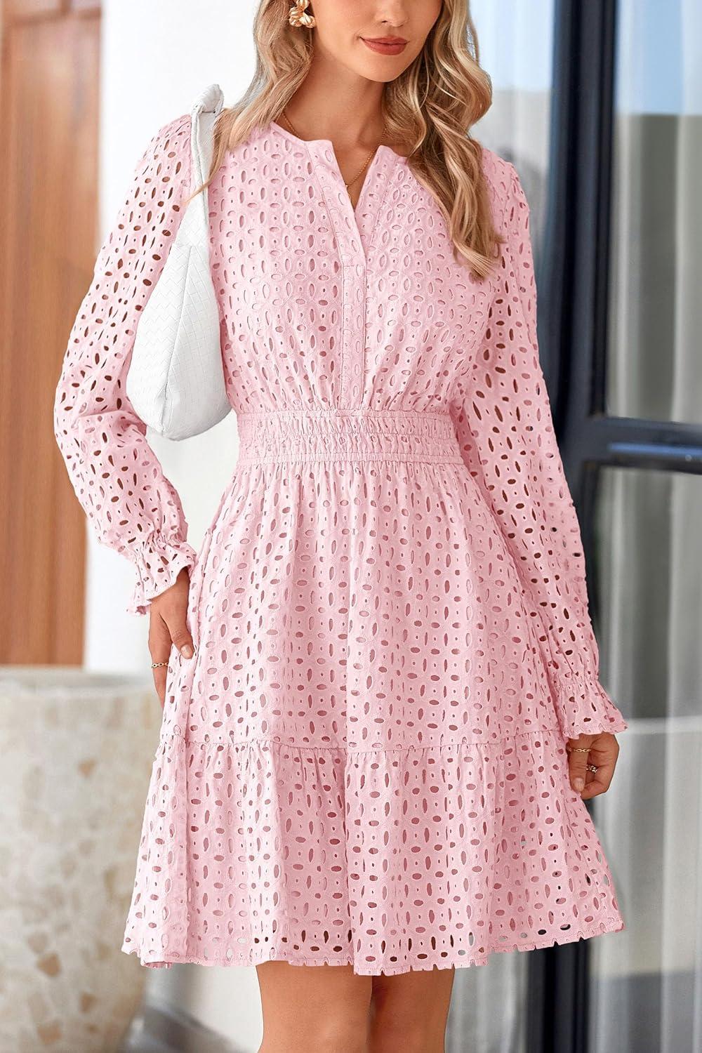 imagePRETTYGARDEN Womens 2025 Long Sleeve Mini Dress Eyelet V Neck A Line Casual Elegant Holiday Wedding Guest Party DressesPink