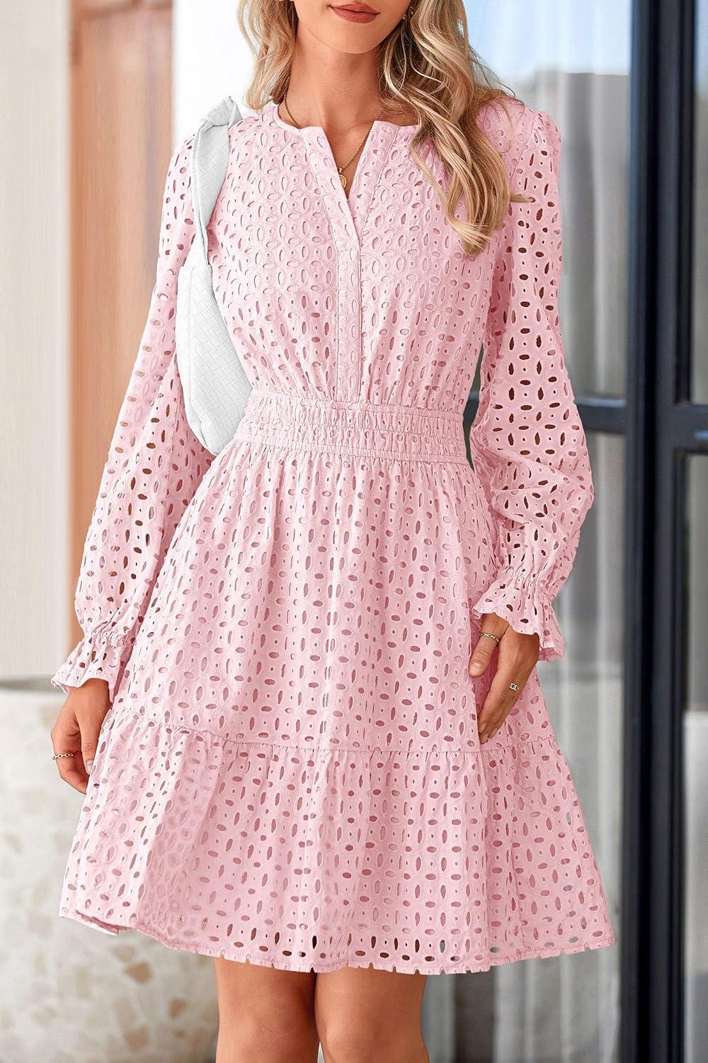 imagePRETTYGARDEN Womens 2025 Long Sleeve Mini Dress Eyelet V Neck A Line Casual Elegant Holiday Wedding Guest Party DressesPink