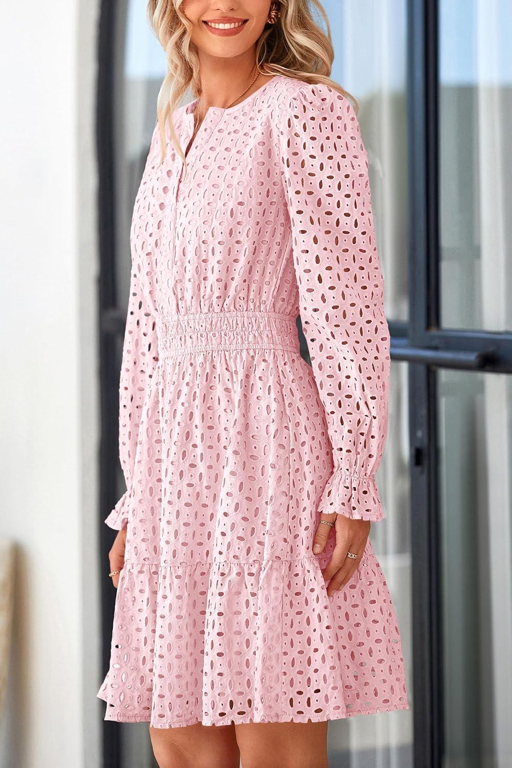 imagePRETTYGARDEN Womens 2025 Long Sleeve Mini Dress Eyelet V Neck A Line Casual Elegant Holiday Wedding Guest Party DressesPink