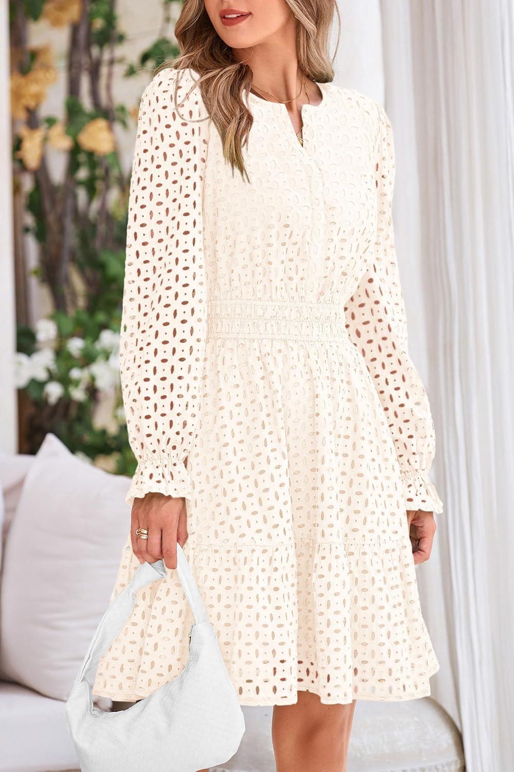 imagePRETTYGARDEN Womens 2025 Long Sleeve Mini Dress Eyelet V Neck A Line Casual Elegant Holiday Wedding Guest Party DressesWhite