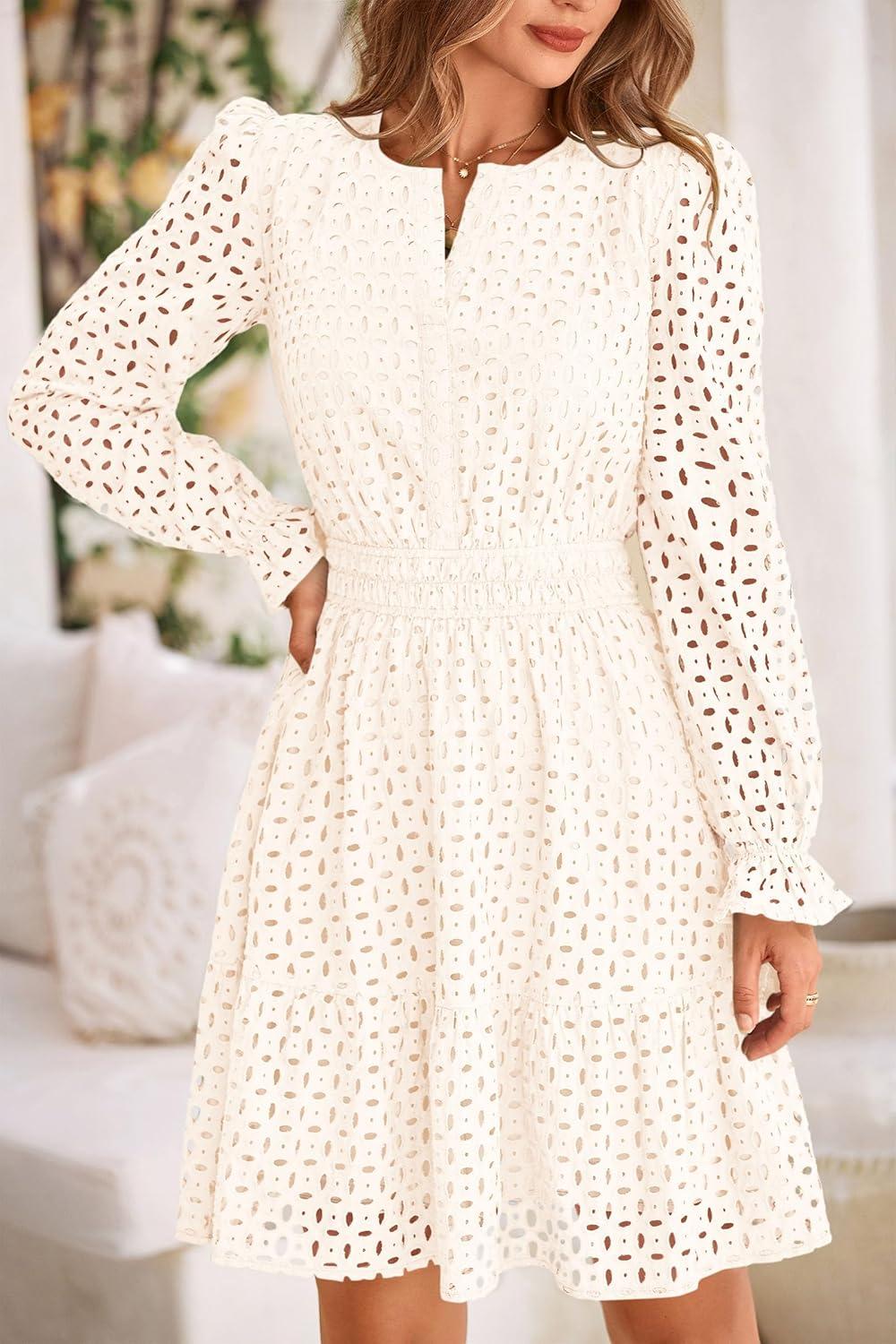 imagePRETTYGARDEN Womens 2025 Long Sleeve Mini Dress Eyelet V Neck A Line Casual Elegant Holiday Wedding Guest Party DressesWhite