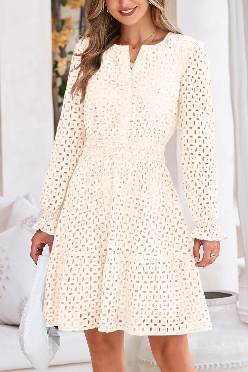 imagePRETTYGARDEN Womens 2025 Long Sleeve Mini Dress Eyelet V Neck A Line Casual Elegant Holiday Wedding Guest Party DressesWhite
