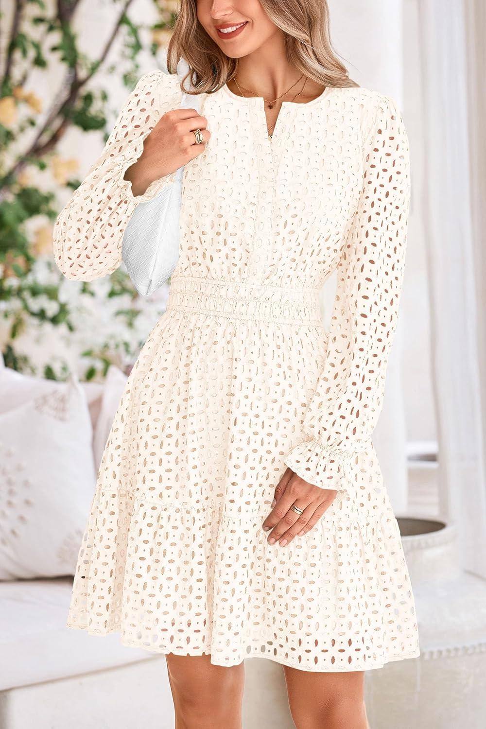 imagePRETTYGARDEN Womens 2025 Long Sleeve Mini Dress Eyelet V Neck A Line Casual Elegant Holiday Wedding Guest Party DressesWhite