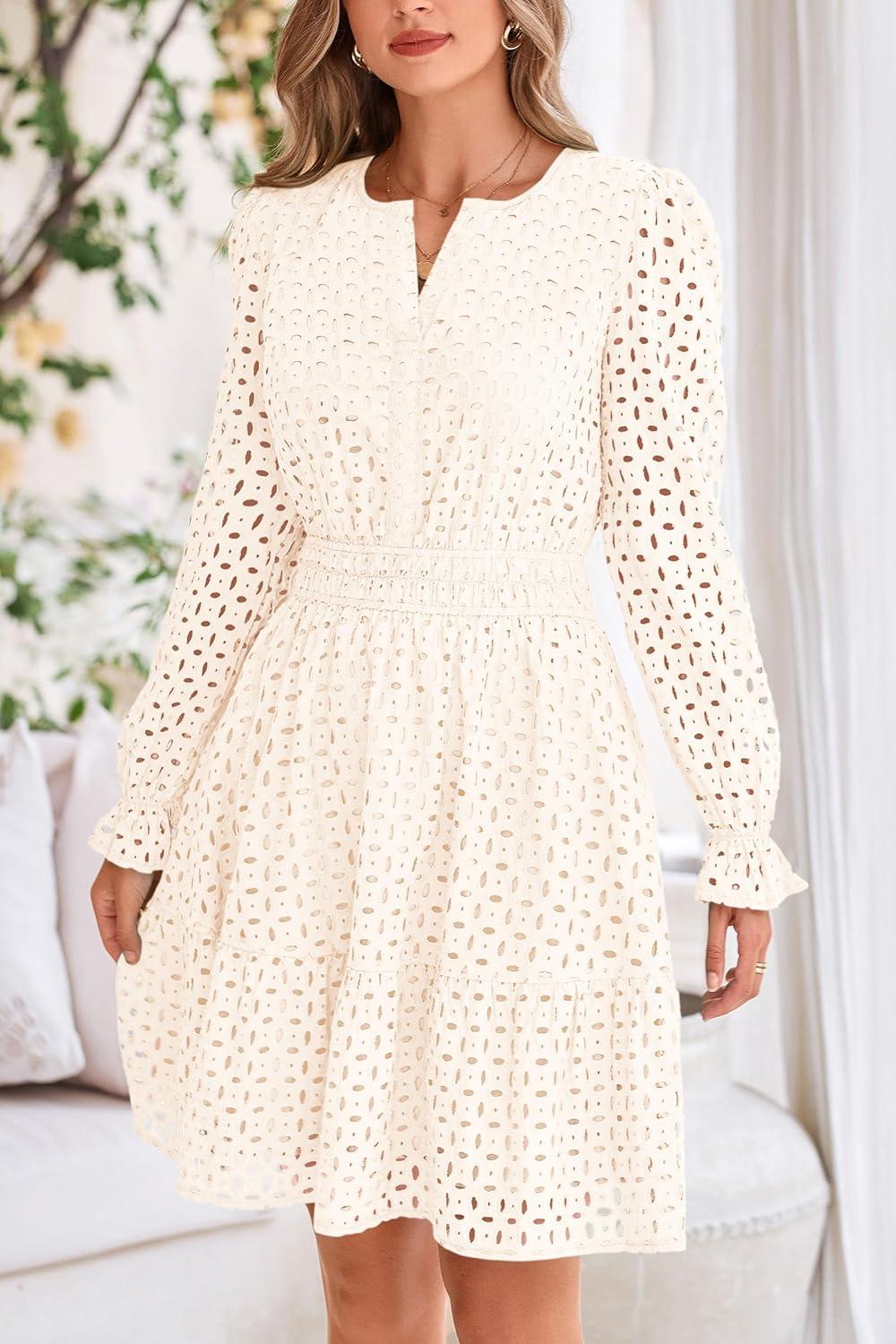 imagePRETTYGARDEN Womens 2025 Long Sleeve Mini Dress Eyelet V Neck A Line Casual Elegant Holiday Wedding Guest Party DressesWhite