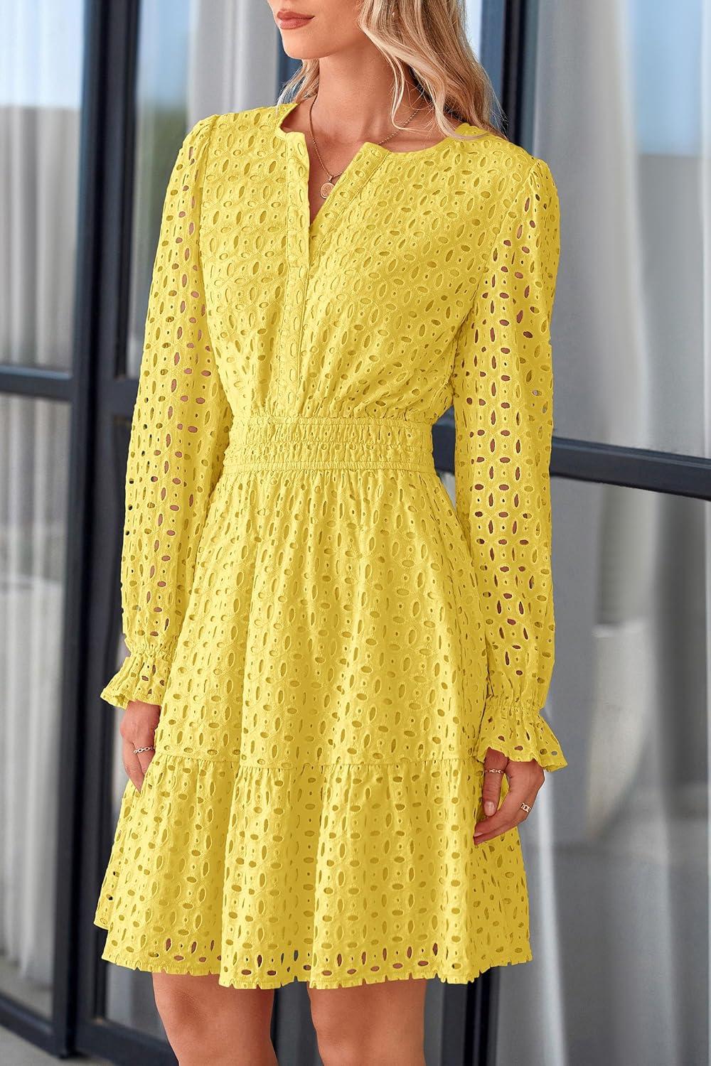 imagePRETTYGARDEN Womens 2025 Long Sleeve Mini Dress Eyelet V Neck A Line Casual Elegant Holiday Wedding Guest Party DressesYellow