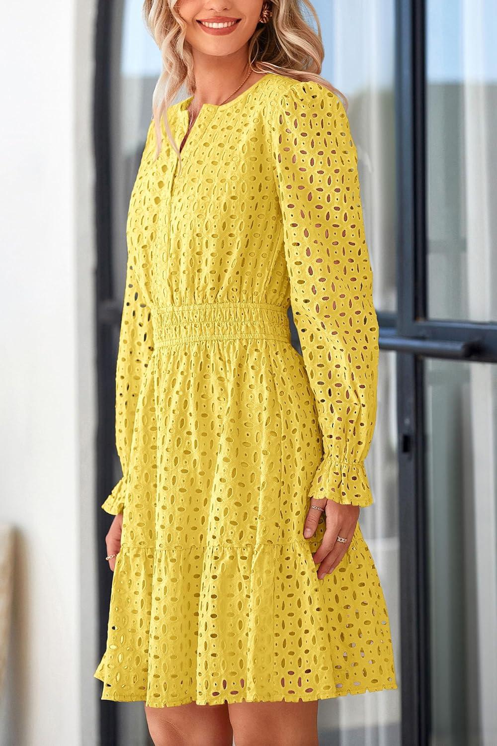 imagePRETTYGARDEN Womens 2025 Long Sleeve Mini Dress Eyelet V Neck A Line Casual Elegant Holiday Wedding Guest Party DressesYellow
