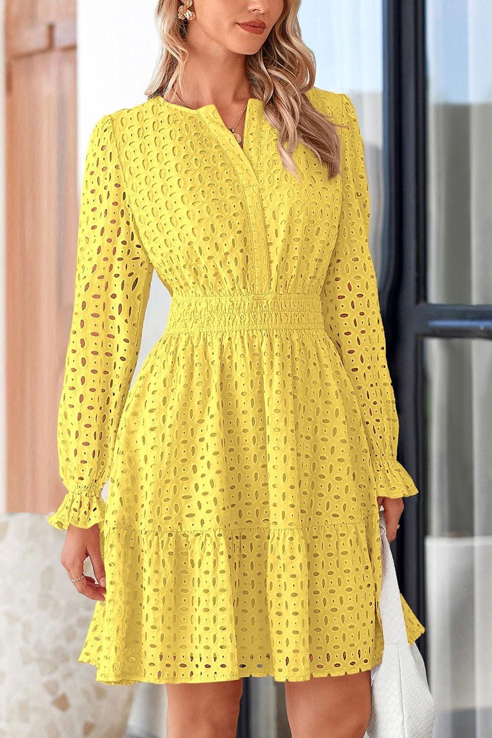 imagePRETTYGARDEN Womens 2025 Long Sleeve Mini Dress Eyelet V Neck A Line Casual Elegant Holiday Wedding Guest Party DressesYellow