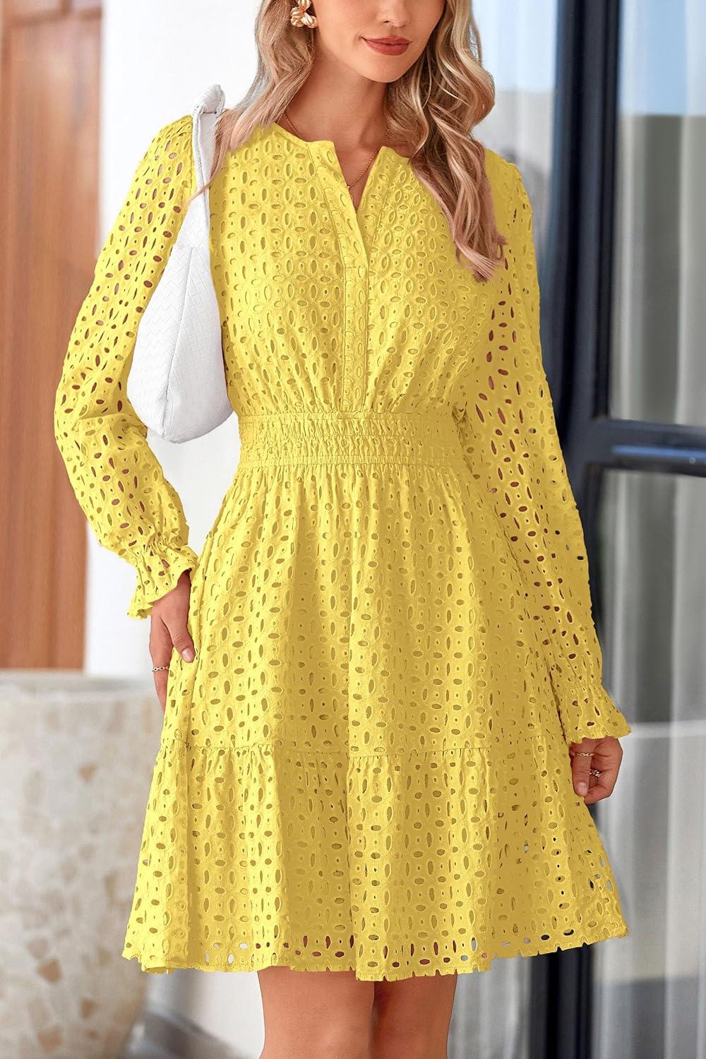 imagePRETTYGARDEN Womens 2025 Long Sleeve Mini Dress Eyelet V Neck A Line Casual Elegant Holiday Wedding Guest Party DressesYellow