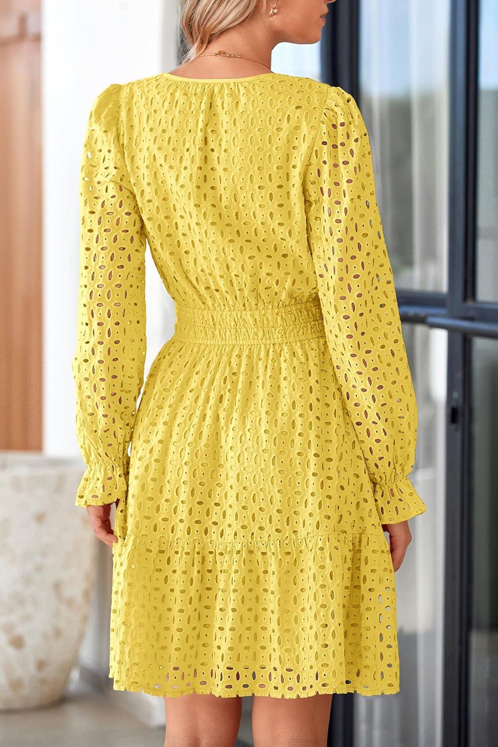imagePRETTYGARDEN Womens 2025 Long Sleeve Mini Dress Eyelet V Neck A Line Casual Elegant Holiday Wedding Guest Party DressesYellow
