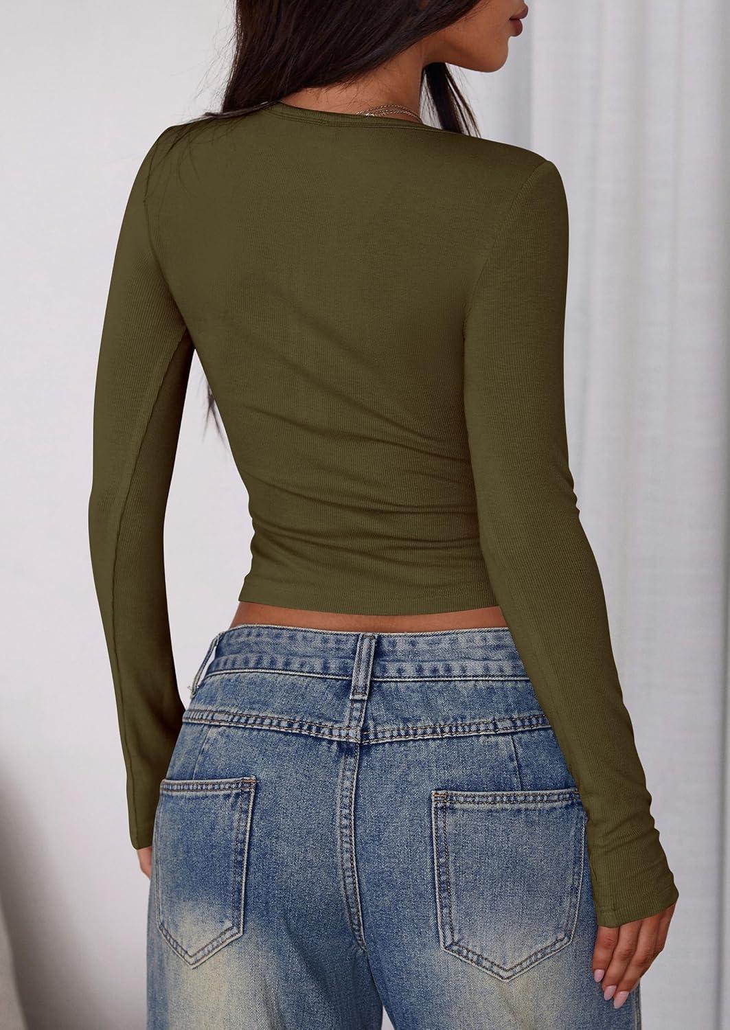 imagePRETTYGARDEN Womens 2025 Summer Long Sleeve Henley T Shirts Ribbed Knit Button Slim Fitted Basic Casual Going Out Fall TopsArmy Green