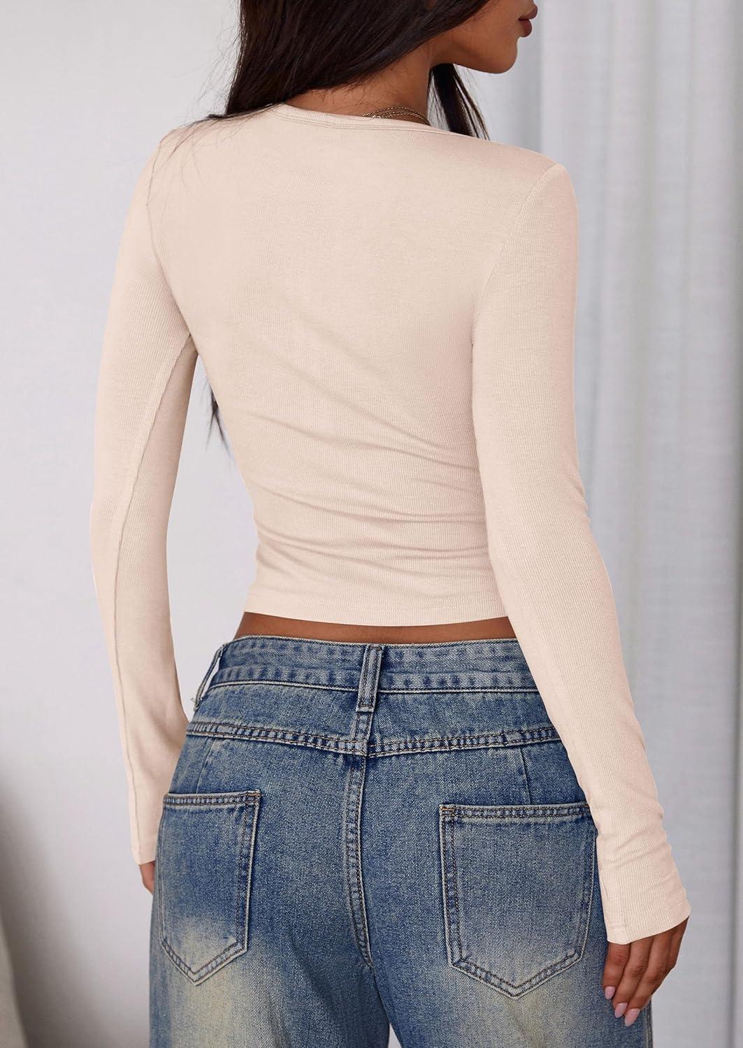 imagePRETTYGARDEN Womens 2025 Summer Long Sleeve Henley T Shirts Ribbed Knit Button Slim Fitted Basic Casual Going Out Fall TopsBeige