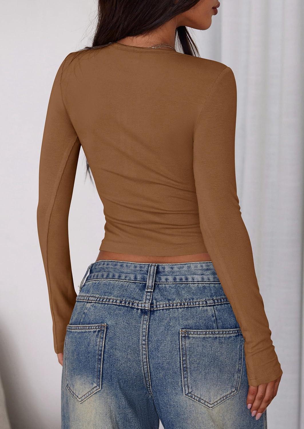 imagePRETTYGARDEN Womens 2025 Summer Long Sleeve Henley T Shirts Ribbed Knit Button Slim Fitted Basic Casual Going Out Fall TopsBrown
