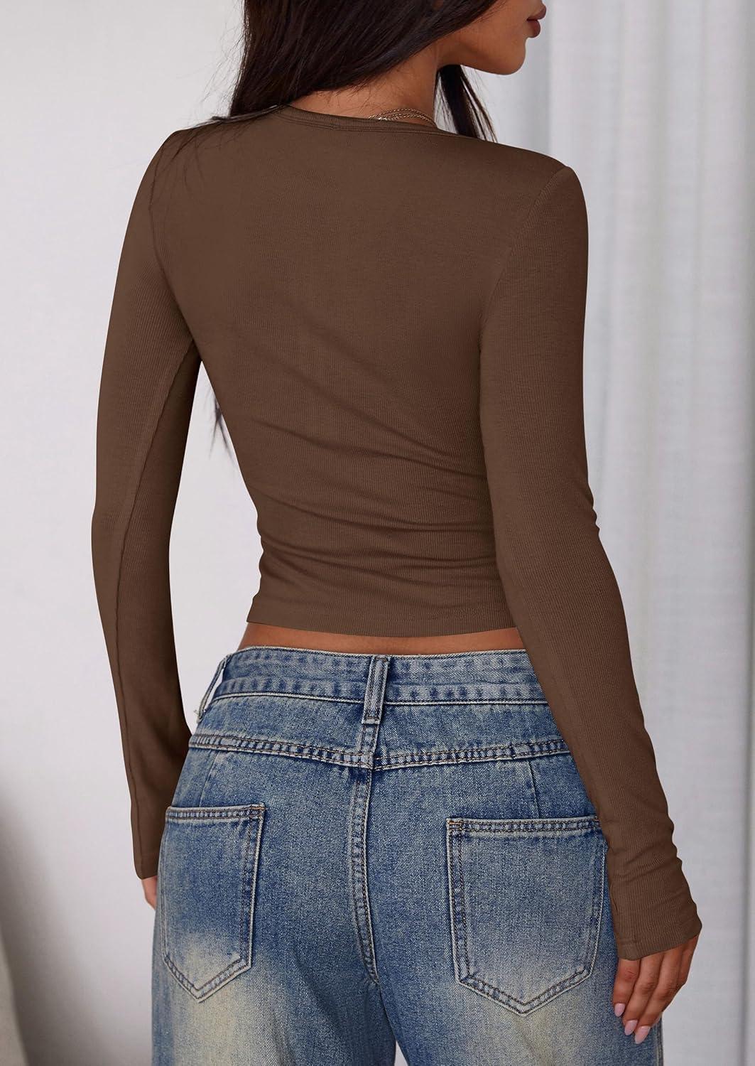 imagePRETTYGARDEN Womens 2025 Summer Long Sleeve Henley T Shirts Ribbed Knit Button Slim Fitted Basic Casual Going Out Fall TopsCoffee
